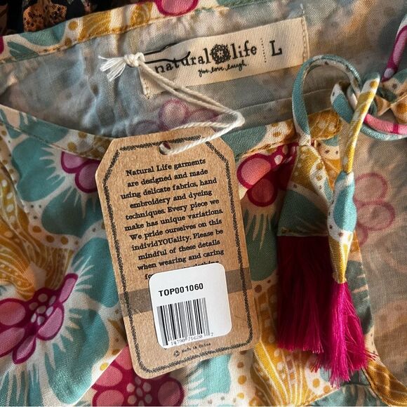 Natural Life NEW Maribel Floral Boho Tunic Top Yellow Pink Tassel Detail Size L - Picture 4 of 5